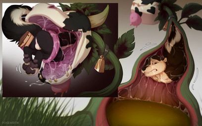 ambiguous_gender anthro backsack balls black_body black_fur bodily_fluids cake_slice collar cowbell detailed_mouth duo eyeless fur genitals horn inside_mouth inside_stomach leaf male male/ambiguous markings monster_pred mouth_shot nude_anthro nude_male open_mouth oral_vore pawpads paws rear_view saliva saliva_string spots spotted_body stomach_acid swallowing teats tongue tongue_around_body udders vore white_body white_fur poisewritik electronic_arts maxis_(ea) the_sims cowplant_(the_sims) mammal mephitid plant_monster skunk 2023