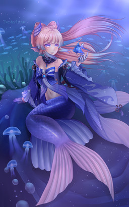 alternate_species armwear blue_tail breasts clothed clothed_female clothing detached_sleeves ear_fins female fin hair mermaid_tail mermaidification midriff navel pink_hair purple_eyes solo split_form tail underwater water zephylyne genshin_impact mihoyo sangonomiya_kokomi ambient_fish ambient_sealife aquatic humanoid_merfolk merfolk 2025 absurd_res hi_res