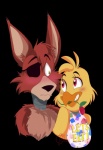 anthro duo eye_patch eyewear female flower machine male plant rose_(flower) simple_background artisan-garden five_nights_at_freddy's scottgames chica_(fnaf) foxy_(fnaf) animatronic avian bird canid canine chicken fox galliform gallus_(genus) mammal phasianid robot alpha_channel digital_media_(artwork)