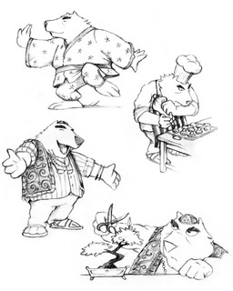 anthro apron bottomwear chef_hat clothed clothing eyewear footwear glasses hat headgear headwear jacket jewelry male multiple_poses necklace pants plant pose sandals scissors shoes smile solo topwear tree vest jake_lunt_davies don't_eat_the_neighbours bear_(don't_eat_the_neighbours) bear mammal 2000 absurd_res concept_art hi_res monochrome sketch_page traditional_media_(artwork)