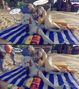 anthro balls beach_towel biped black_hair blue_hood bottle bulge cheek_tuft container detailed_bulge dialogue erection facial_tuft forked_tail fur fur_tuft genitals glans group hair hand_on_partner's_penis holding_bottle holding_container holding_object male male/male muscular muscular_anthro muscular_male nipples nude pecs penis sand speech_bubble standing tail tattoo text towel trio tuft unusual_anatomy unusual_tail whiskers white_body white_fur camseven nes67911_(modeler) asian_mythology east_asian_mythology epic_games fortnite japanese_mythology mythology meowdas nyanja_(fortnite) safety_first_steve_(fortnite) aquatic domestic_cat felid feline felis fish mammal nekomata shark yokai 3d_(artwork) comic digital_media_(artwork) english_text hi_res