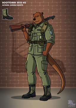 anthro army army_clothing army_outfit army_uniform biceps black_boots black_clothing black_footwear boots bottomwear brick brick_background brick_wall brown_body brown_fur clothing combat_boots fist footwear fur green_boots green_bottomwear green_clothing green_eyes green_footwear green_jacket green_pants green_shirt green_topwear grin grinning_at_viewer gun gun_on_shoulder holding_gun holding_object holding_ranged_weapon holding_rifle holding_shotgun holding_weapon jacket looking_at_viewer male manly military military_clothing military_gear military_jacket military_pants military_uniform muscular muscular_anthro muscular_male pants pose ranged_weapon rifle rifle_on_shoulder shirt shoes shotgun smile smiling_at_viewer soldier solo standing tail topwear uniform wall_(structure) warrior weapon weapon_on_shoulder torrosketch randy_norrik mammal mustelid otter hi_res