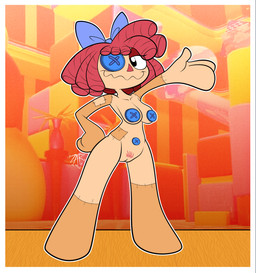 bow_ribbon breasts button_(fastener) button_eyes button_navel button_nipples cleavage clothed clothing doll female front_view genitals hair looking_at_viewer mitten_hands nude pubes red_hair solo stitched_body text vulva zarnacius glitch_productions the_amazing_digital_circus ragatha_(tadc) animate_inanimate humanoid living_doll absurd_res english_text hi_res
