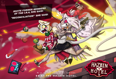 barefoot blush blush_stickers bottomwear breasts christmas_bauble christmas_decorations christmas_ornament cleavage clenched_teeth clothed clothing electronics explosion feet female for_a_head group gun hair handgun long_hair male ornament ranged_weapon screen screen_face shirt skirt tank_top teeth television text topwear weapon wolfjedisamuel die_hard hazbin_hotel hellaverse charlie_morningstar vaggie_(hazbin_hotel) vox_(hazbin_hotel) angel demon fallen_angel humanoid object_head screen_head tv_head english_text hi_res