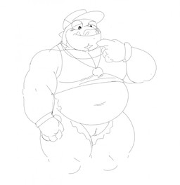animal_genitalia anthro belly bottomless cloaca clothed clothing fat_upper_pubic_area genitals hat headgear headwear male musclegut muscular navel overweight overweight_anthro overweight_male scar simple_background solo visor_cap white_background barawerewolf lifewonders tokyo_afterschool_summoners makara_(tas) crocodile crocodilian reptile scalie hi_res monochrome sketch