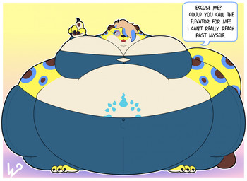 3_toes 4_fingers anthro belly big_belly big_breasts black_claws black_nose blue_eyes border bottomwear breasts brown_pawpads claws cleavage clothed clothing dipstick_tail eyewear feet female fingers fur glasses hair huge_belly huge_breasts hyper hyper_belly looking_at_viewer markings multicolored_body multicolored_fur open_mouth pants pawpads red_tongue shirt solo spots tail tail_markings talking_to_viewer tan_hair text toes tongue topwear wearing_glasses white_border yellow_body yellow_fur ginny_the_fat_bear cheetah felid feline mammal english_text hi_res