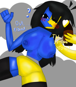 big_breasts black_hair blue_body breasts clothing female genitals hair heart_symbol legwear lying on_back smile solo stockings text vulva yellow_body invisha ena_(series) absurd_res hi_res russian_text
