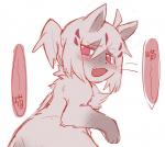 blush cute_fangs fangs feral fur grey_body grey_fur grey_hair hair kemono looking_back open_mouth red_eyes simple_background smile solo teeth text white_background nrj_275 mammal japanese_text