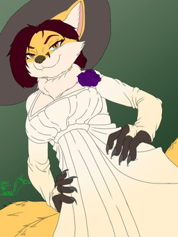 3_tails animal_ears animal_nose anthro black_body black_clothing black_fur black_hat black_headwear black_nose brooch claws clothing cosplay countershade_face countershading dress female female_anthro finger_claws flower fox_ears fox_tail fur gloves_(marking) gradient_background green_background hair hands_on_hips hat headgear headwear markings multi_tail nails neck_tuft orange_eyes plant pupils red_hair sharp_nails simple_background slit_pupils smile solo sun_hat sundress tail text tuft white_body white_clothing white_countershading white_dress white_fur wide_brim_hat yellow_body yellow_fur zerika_(artist) capcom resident_evil alcina_dimitrescu vulpes_foxnik bow_experiment_(resident_evil) cadou_host_(resident_evil) canid canine ezo_red_fox fox mammal red_fox true_fox vampire 2021 3:4 artist_name flat_colors hi_res signature