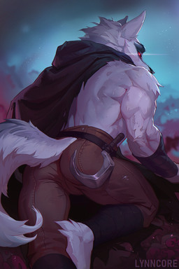 anthro arm_tuft arm_wraps barefoot belt biped black_belt black_cloak black_clothing black_eyebrows black_nose black_sclera black_wraps bottomwear brown_bottomwear brown_clothing brown_pants butt cloak clothed clothed_anthro clothed_male clothing countershade_arms countershade_fur countershade_tail countershade_torso countershading elbow_tuft eye_glint eyebrows eyelashes feet foot_tuft fur fur_tuft furgonomic_bottomwear furgonomic_pants furgonomics glint grey_body grey_fur grey_tail grey_text grey_tuft heel_tuft looking_at_viewer looking_back looking_back_at_viewer male male_anthro multicolored_body multicolored_fur multicolored_tail muscular muscular_anthro muscular_male narrowed_eyes outside pants pose rear_view red_eyes shoulder_tuft sickle snout solo tail tail_clothing text topless topless_anthro topless_male tuft two_tone_tail white_body white_countershading white_fur white_tail white_tuft wraps lynncore dreamworks puss_in_boots_(franchise) death_(puss_in_boots) canid canine canis mammal wolf 2026 2:3 artist_name digital_drawing_(artwork) digital_media_(artwork) hi_res pinup portrait shaded