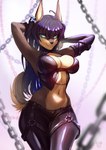 anime_eyes anime_style anthro bdsm big_breasts blue_eyes bodily_fluids breasts chain clothed clothing corset dog_tags dominant ear_piercing ear_ring female fur latex lingerie piercing pose ring_piercing simple_background smile solo straps tail topwear yellow_body leonileo canid canine canis mammal digital_media_(artwork) hi_res pinup