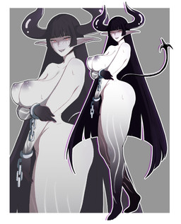 areola big_breasts black_hair black_horn bodily_fluids border breasts cuff_(restraint) eyelashes female grey_areola grey_background grey_nipples hair horn huge_breasts humanoid_pointy_ears long_hair looking_at_viewer nipples nude pale_skin pointy_ears red_eyes restraints shackles simple_background solo spade_tail sweat sweatdrop tail thick_thighs white_border wide_hips celebelian horned_humanoid humanoid tailed_humanoid hi_res