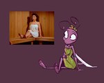 antennae_(anatomy) anthro clothed clothing female markings mole_(marking) purple_body reference_image sitting solo toony fluttershythekind a_bug's_life disney pixar seinfeld elaine_benes princess_atta ant arthropod human hymenopteran insect mammal 2023 hi_res