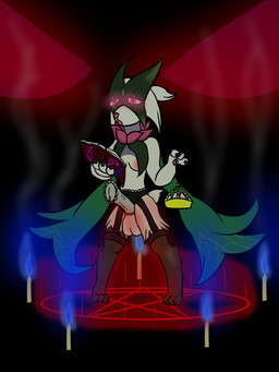 animal_genitalia animal_penis anthro balls breasts candle clothing darkness egg equine_genitalia equine_penis genitals gynomorph intersex lingerie magic magic_book magic_circle nipples penis ritual solo maximilianofox nintendo pokemon generation_9_pokemon meowscarada pokemon_(species) 3:4 hi_res