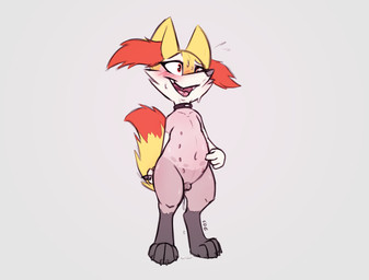 animal_genitalia animal_vulva anthro blush bodily_fluids canine_genitalia canine_vulva collar feet female fur genital_fluids genitals gesture hand_gesture loli multi_nipple navel nipples open_mouth paws pen pointing pointing_at_self red_eyes shaved shaved_fur solo sweat toes vaginal_fluids vulva yellow_body yellow_fur young young_anthro young_female slowderpyguy nintendo pokemon brai_(slowderpyguy) braixen generation_6_pokemon pokemon_(species)