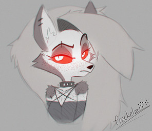 annoyed anthro breasts clothed clothed_anthro clothed_female clothing collar ear_piercing ear_ring eyebrow_piercing eyebrows facial_piercing female freckled_chest freckled_face freckles front_view frown fur glowing glowing_eyes grey_background grey_body grey_fur grey_hair hair half-closed_eyes inner_ear_fluff long_hair narrowed_eyes piercing raised_eyebrow red_sclera ring_piercing simple_background small_breasts solo spiked_collar spikes text tuft unimpressed white_body white_eyes white_fur freckelz hellaverse helluva_boss mythology loona_(helluva_boss) canid canid_demon canine demon hellhound mammal mythological_canine mythological_creature artist_name bust_portrait colored portrait shaded