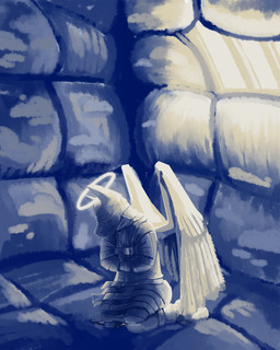 ambiguous_gender anthro bdsm blindfold bondage bound clothed clothing diaper diaper_under_clothing feathered_wings feathers gimp_mask halo headgear headwear kneeling mask padded_room restraints solo straitjacket submissive wearing_diaper wings ambiguous_species absurd_res hi_res