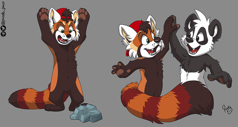 anthro black_body black_fur black_nose brown_body brown_fur clothing duo fangs featureless_crotch front_view fur gesture glistening glistening_eyes green_eyes grey_background hat headgear headwear high_five logo male markings nude open_mouth open_smile red_clothing red_hat red_headwear red_tongue rock simple_background smile standing striped_markings striped_tail stripes tail tail_markings teeth tongue white_body white_fur young young_anthro young_male pandapaco parinton ailurid bear giant_panda mammal red_panda artist_logo signature