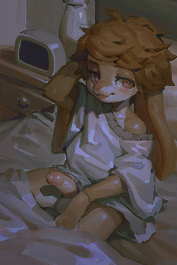 alarm_clock anthro balls bed bedding bedside_table blanket blep blush bottomless bottomless_male brown_hair clock clothed clothing foreskin furniture genitals hair inside long_ears male off_shoulder oversized_clothing partially_retracted_foreskin penis pink_eyes sitting solo tongue tongue_out young young_anthro young_male puinkey_(artist) lagomorph leporid mammal rabbit 2022 digital_media_(artwork) pixel_(artwork)
