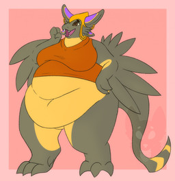 4_toes anthro belly belly_overhang big_belly big_breasts biped bottomless bottomless_anthro bottomless_female breasts brown_body brown_eyes brown_feathers claws clothed clothing countershading fangs feathered_arms feathers feet female female_anthro obese obese_anthro obese_female open_mouth overweight overweight_anthro overweight_female partially_clothed partially_clothed_anthro partially_clothed_female solo standing tail teeth thick_thighs toe_claws toes topwear yellow_body yellow_countershading strawberrymilkdog myozu_(sanity.exe) avali 2021 hi_res watermark