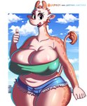 anthro areola areola_slip belly big_breasts black_eyes bottomwear breasts clothing daisy_dukes denim denim_bottomwear denim_clothing denim_shorts eyelashes female fur gesture hand_gesture horn hotpants huge_breasts huge_hips huge_thighs long_neck ossicone shorts sky slightly_chubby slightly_chubby_anthro slightly_chubby_female solo tail tail_tuft tan_body tan_fur thick_thighs thumbs_up tuft voluptuous_anthro voluptuous_female wide_hips toto_draw giraffe giraffid mammal hi_res