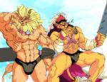 abs anthro biceps big_muscles blonde_mane briefs clothed clothing coat_cape duo huge_muscles male mane muscular skimpy speedo swimwear topless underwear wolfstar bandai_namco digimon bancholeomon digimon_(species) leomon
