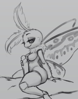 antennae_(anatomy) anthro bite biting_lip biting_own_lip breasts cheek_tuft duo erection eyebrows eyelashes facial_tuft featureless_breasts female fur genitals human_on_anthro interspecies male male/female narrowed_eyes neck_tuft penis penis_grab self_bite sitting size_difference tuft wings napalm_express arthropod human insect lepidopteran mammal moth hi_res monochrome