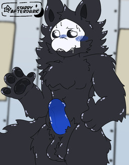 anthro balls big_balls big_penis black_body black_fur blue_penis erection flustered fur genitals gesture latex male pawpads paws penis solo tail tongue tongue_out waving waving_at_viewer starryafterdark changed_(video_game) puro_(changed) canid canine canis goo_creature mammal wolf