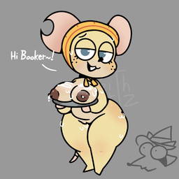 anthro areola big_breasts black_nose blue_eyes bottom_heavy breasts brown_areola brown_nipples buckteeth dialogue eyelashes female front_view fur genitals grey_background nipples nude simple_background solo tan_body tan_fur teeth text thick_thighs vulva wide_hips artzkeith legends_of_avantris bitsy_(legends_of_avantris) booker_(legends_of_avantris) mammal mouse murid murine procyonid raccoon rodent 1:1 english_text hi_res