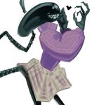 4_fingers black_body bottomwear clothed clothed_female clothing female fingers heart_symbol long_fingers long_tail purple_clothing purple_sweater purple_topwear side_view simple_background skirt smile solo sweater tail teeth topwear white_background xenomorph_girlfriend rekkadraws alien_(franchise) alien xenomorph 2024 digital_media_(artwork) portrait three-quarter_portrait