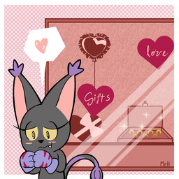 anthro black_body black_fur blush box_of_chocolates candy chocolate claws clothing dessert female food fur gift gloves handwear heart_symbol ring shopping smile solo store tail text mr_harinezumi bandai_namco digimon nera_(el_senor_erizo) blackgatomon digimon_(species) felid feline mammal 1:1 2025 english_description english_text hi_res spanish_description