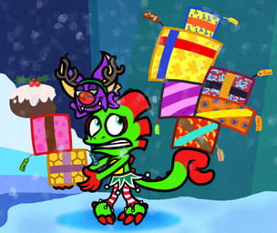 2_toes 3_toes 4_fingers anthro big_nose blue_line_art bottomwear box cake carrying_another clenched_teeth closed_smile clothed clothed_anthro clothed_male clothing container dessert dipstick_tail duo eyelashes fake_antlers fake_horns fake_nose fangs feet female female_feral feral fingers food food_on_face fruit_cake fur gift gift_box gift_tag green_body green_bottomwear green_clothing green_eyes green_skin green_skirt holding_gift holding_object holidays holly_(plant) larger_anthro larger_male leggings legwear light long_tail looking_at_another looking_at_gift looking_at_object male male_anthro markings mouth_closed multicolored_body multicolored_skin on_another on_head orange_line_art outside pattern_clothing pattern_leggings pattern_legwear plant purple_body purple_fur purple_wings red_clothing red_hands red_leggings red_legwear red_line_art red_nose red_spines red_tail_tip red_toes river size_difference skirt smaller_female smaller_feral smile smiling_at_another snow snowing straight_arms striped_clothing striped_leggings striped_legwear stripes tail tail_markings tail_spines tan_feet tan_inner_ear teal_eyes teeth toes topless topless_anthro topless_male white_stripes wings winter worried_look yellow_body yellow_skin captainquack64 christmas playtonic_games yooka-laylee laylee yooka bat chameleon lizard mammal reptile scalie 2024 colored colored_line_art digital_drawing_(artwork) digital_media_(artwork) english_description hi_res lighting shaded simple_shading