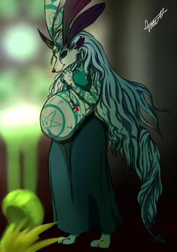 anthro belly big_belly breasts clothed clothing cross featureless_breasts female hair horn inverted_pentacle long_ears long_hair looking_at_viewer markings mature_anthro mature_female occult_symbol pentacle pentagram pregnant solo standing symbol topless whiterabbit95 lilith_(whiterabbit95) canid canine fox hybrid lagomorph leporid mammal rabbit