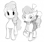 clothing cutie_mark duo female feral hat headgear headwear quadruped simple_background smile standing tail white_background elsian friendship_is_magic hasbro my_little_pony pinkie_pie_(mlp) sapphire_shores_(mlp) earth_pony equid equine horse mammal pony black_and_white monochrome