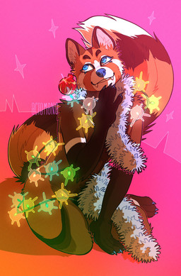 abstract_background anthro arm_tuft blue_eyes blue_nose brown_body brown_fur brown_tail cheek_tuft christmas_decorations elbow_tuft facial_tuft fangs fur kneeling male male_anthro markings nude orange_body orange_fur orange_tail shoulder_tuft smile solo string_lights striped_markings striped_tail stripes tail tail_markings teeth text tuft 0ct0m0n0 ailurid mammal red_panda artist_name hi_res