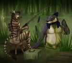 anthro balls black_hair brown_body brown_fur butt cattail_(plant) duo fishing fishing_rod flaccid fur genitals grass hair male markings nude outside overweight overweight_anthro overweight_male penis plant sitting standing striped_arms striped_back striped_legs striped_markings striped_neck striped_tail stripes swamp tail tail_markings tail_tuft tan_body tan_fur tree tuft water imperatorcaesar shuck canid equid equine fish hybrid mammal marine zebra absurd_res hi_res