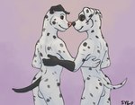 anthro balls brown_eyes butt duo fur genitals green_eyes male male/male nude pink_nose rear_view simple_background smile spots tail white_body white_fur sylo canid canine canis dalmatian domestic_dog mammal 2024 digital_media_(artwork) hi_res