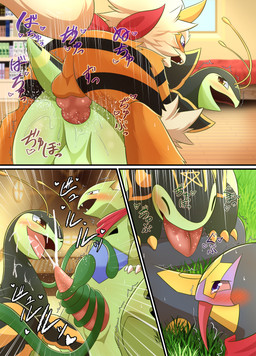 anal anal_penetration animal_genitalia animal_penis antennae_(anatomy) anthro anthro_on_feral bestiality big_penis black_body black_fur black_scales black_stripes blue_eyes blush bodily_fluids brown_pupils canine_genitalia canine_penis claws doggystyle erection fangs feral feral_on_feral feral_penetrated feral_penetrating feral_penetrating_feral from_behind_position fur genital_fluids genitals green_body green_scales heart_symbol kerchief knot looking_pleasured male male/male male_penetrated male_penetrating male_penetrating_male onomatopoeia orange_body orange_fur penetration penis pink_penis precum pupils purple_body purple_scales red_kerchief red_penis scales sex sharp_teeth sound_effects striped_body striped_fur stripes tan_body tan_fur tapering_penis teeth text thrusting toe_claws tongue tongue_out vine_whip yellow_antennae yellow_body yellow_claws yellow_eyes yellow_scales peregr1ne nintendo pokemon nicobay arcanine generation_1_pokemon generation_2_pokemon generation_3_pokemon meganium pokemon_(species) seviper tyranitar 2026 absurd_res comic hi_res japanese_text translation_request