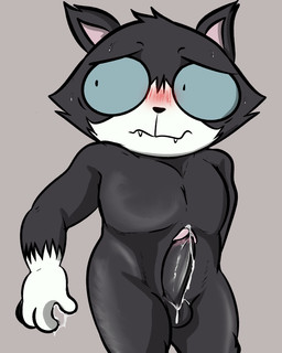 anthro balls big_eyes biped black_body black_fur black_nose blue_sclera blush bodily_fluids cheek_tuft cum cum_on_hand cum_on_penis erection facial_tuft fangs featureless_chest front_view fur fur_markings fur_tuft genital_fluids genitals gloves_(marking) grey_background head_tuft humanoid_genitalia humanoid_penis leaking_cum male markings mouth_closed nude_anthro nude_male pecs penis pink_inner_ear pupils simple_background small_pupils solo sweat sweatdrop teeth tuft white_body white_fur illegaleel cartoon_hangover the_summoning edgar_(the_summoning) domestic_cat felid feline felis mammal tuxedo_cat 4:5 absurd_res hi_res