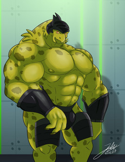abs armor big_muscles big_pecs black_armor crotch_armor fur green_body green_fur headgear helmet huge_muscles inside looking_at_viewer male manly muscular muscular_arms muscular_male nipples pecs shadow smile solo spots thick_neck unconvincing_armor yellow_eyes jabuhusky supernoobs memnock_(supernoobs) alien humanoid 2017 hi_res