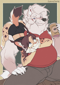 anthro biped bottomwear breasts butt claws clothed clothed_anthro clothed_female clothed_male clothing duo female fingers front_view fully_clothed fully_clothed_anthro fully_clothed_female fully_clothed_male fur hair male simple_background sitting smile spots tail teeth topwear iskra kordi canid canine felid feline lynx mammal 2026 digital_drawing_(artwork) digital_media_(artwork) hi_res
