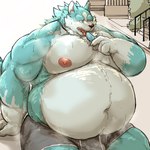 2022 anthro belly big_belly blue_body bodily_fluids brand_new_animal bulge canid canine canis clothing humanoid_hands kemono kotobuki male mammal moobs musk navel nipples obese obese_male overweight overweight_male shirou_ogami sitting solo studio_trigger sweat underwear white_body wolf