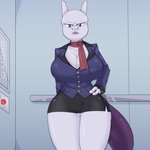 anthro big_breasts bottomwear breasts business_suit clothed clothing elevator female furgonomics genitals hand_on_hip miniskirt no_underwear pussy scarf skirt solo suit tail tail_through_skirt virito nintendo pokemon fan_character mew_tuely_(fan_character) milftwo generation_1_pokemon legendary_pokemon mewtwo pokemon_(species) 1:1 absurd_res hi_res