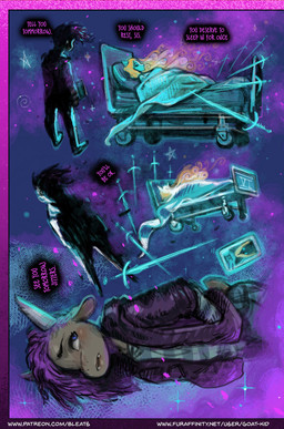 anthro bed blonde_hair clothing dialogue duo female fur furniture hair hair_over_eye half-closed_eyes hoodie hospital_bed male narrowed_eyes purple_hair speech_bubble tan_body tan_fur text topwear tusks bleats jitters_(bleats) tusk_(bleats) deer domestic_cat felid feline felis human mammal water_deer english_text hi_res