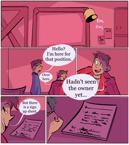 bell clothing dialogue door duo eyewear glasses jacket loose_feather male not_furry paper quill smile sound_effects speech_bubble text topwear zoba_(artist) human mammal comic english_text hi_res