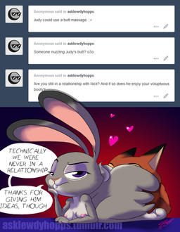 anthro areola ask_blog big_butt breasts buckteeth butt cunnilingus dialogue duo erect_nipples female frown heart_symbol huge_butt interspecies long_ears male nipples nude oral purple_eyes sex small_breasts solo_focus teeth text user_avatar vaginal greensalamander disney tumblr zootopia anon judy_hopps nick_wilde canid canine fox lagomorph leporid mammal rabbit red_fox true_fox 2016 absurd_res english_text hi_res