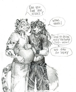alternative_fashion anthro bondage_pants bottomwear cheek_tuft clothed clothing duo ear_piercing eyelashes facial_piercing facial_tuft femboy front_view goth hair long_hair male male_anthro navel navel_piercing nose_piercing nose_ring pants piercing pregnant pregnant_anthro pregnant_male ring_piercing septum_piercing septum_ring shirt simple_background slim_anthro slim_male speech_bubble standing t-shirt text topwear tuft akatan_art canid canine felid mammal english_text hi_res monochrome sketch traditional_media_(artwork)
