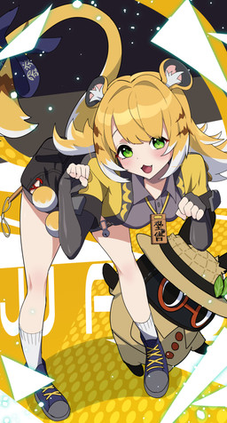 accessory animal_ears bare_legs bent_over black_bottomwear black_clothing black_shorts blonde_hair blue_clothing blue_footwear blue_shoes blush bottomwear clothed clothing collared_shirt dress_shirt eyewear fangs female fluffy_ears footwear furgonomics glasses glistening glistening_hair green_eyes grey_dress_shirt hair hat headgear headwear jacket long_hair open_clothing open_jacket open_mouth open_topwear raised_tail ribbons shirt shoes shorts socks standing striped_hair tail tail_accessory tail_ribbon teeth topwear two_tone_tail white_clothing white_footwear white_hair white_socks yellow_clothing yellow_jacket_(clothing) yellow_topwear young young_female young_humanoid otonari_y mihoyo zenless_zone_zero ju_fufu animal_humanoid bangboo felid felid_humanoid humanoid mammal mammal_humanoid pantherine pantherine_humanoid thiren tiger_humanoid absurd_res hi_res