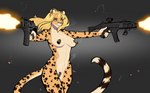 5_fingers anthro areola areola_slip black_background black_spots blonde_hair blue_eyes breasts convenient_censorship exposure_variation female fingers firing_weapon fur gun hair holding_gun holding_object holding_ranged_weapon holding_weapon markings medium_breasts muzzle_flash nude ranged_weapon shooting_gun simple_background solo spent_casing spots spotted_body spotted_fur standing weapon yellow_body yellow_fur ni70 lena_fluffy_(character) cheetah felid feline mammal 2023