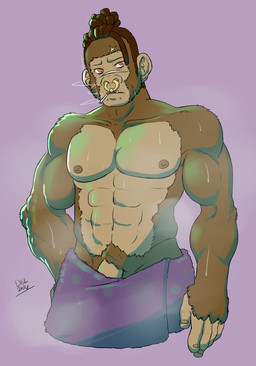 abs anthro bodily_fluids cigarette dreadlocks ear_piercing facial_piercing facial_scar flaccid front_view genitals hair hair_bun hand_on_hip lip_piercing looking_away male muscular muscular_anthro muscular_male nipples nose_piercing nose_ring orange_eyes pecs penis penis_base piercing pose pubes ring_piercing scar septum_piercing smoke smoking snakebite_piercing solo steam sweat towel towel_only delicatessen nate_(nokemy) ape haplorhine mammal primate half-length_portrait hi_res pinup portrait signature
